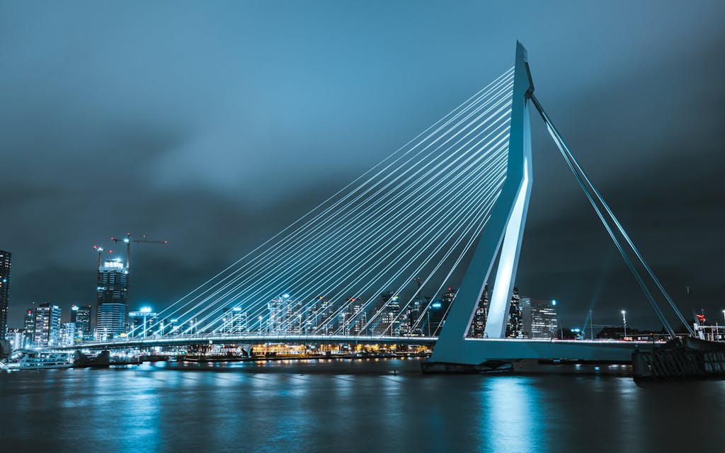 A striking nighttime view of the Erasmus Bridge illuminated against Rotterdam's cityscape.
