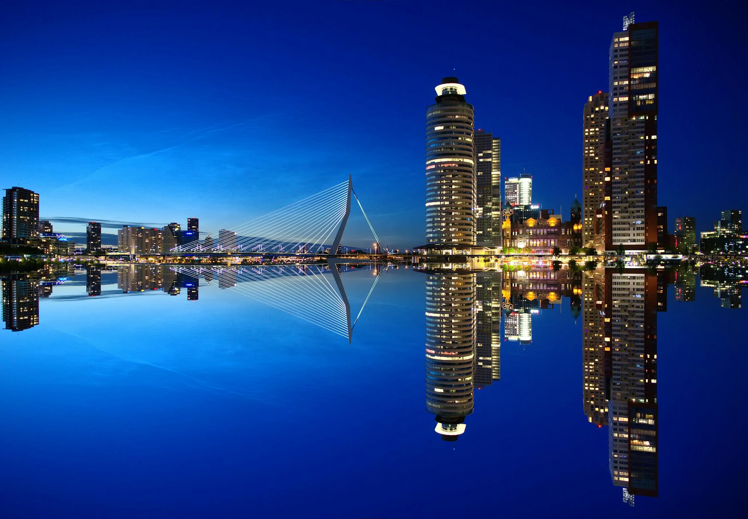 Beautiful night view of Rotterdam skyline with illuminated buildings and Erasmus Bridge reflection.
